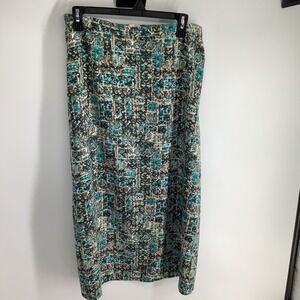 Christopher Banks Womens Size 12 Teal Brown Tile Print Midi Skirt Side Slit Boho